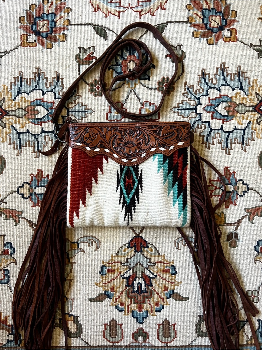American Darling Leather Fringe Crossbody Bag Southwestern Blanket Pattern